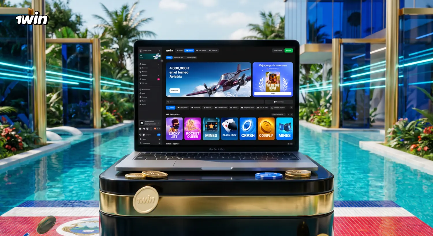 Salón de casino de 1win en una laptop, con el torneo Aviatrix y su premio en pantalla